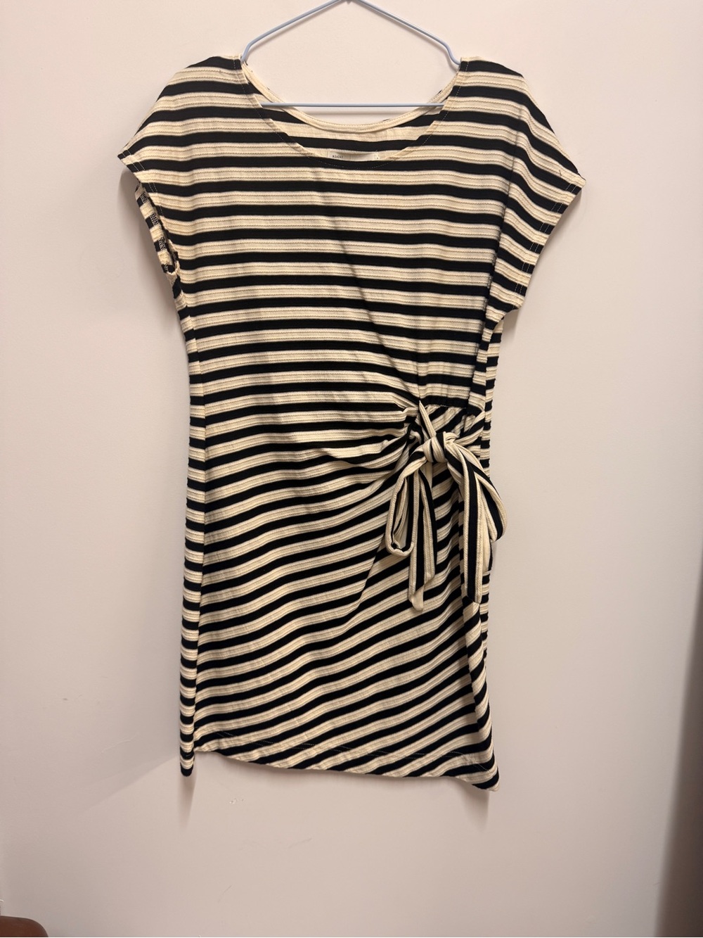 Anthropologie Black and Cream Striped Tie-Detail Mini Dress